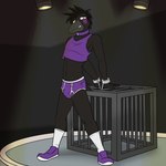 5_fingers anthro beak biped black_background black_beak black_body black_hair blush bulge cage clothing collar crop_top cuff_(restraint) detailed_bulge feathers fingers footwear grin hair handcuffed handcuffs hands_behind_back inside looking_at_viewer male metal_cuffs midriff navel purple_clothing purple_collar purple_footwear purple_shirt purple_shoes purple_topwear restraints shadow shirt shoes simple_background smile socks solo spotlight standing tail tail_feathers teeth topwear underwear white_clothing white_footwear white_socks yellow_eyes fuze avian bird corvid corvus_(genus) crow oscine passerine 1:1 2024 digital_drawing_(artwork) digital_media_(artwork) hi_res