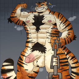 abs anthro balls biceps bodily_fluids body_hair chain chain_leash erection foreskin genital_fluids genitals glans leash male muscular muscular_male nipples nude penis precum solo stripes tail vein whiskers enyuskii felid mammal pantherine tiger 1:1