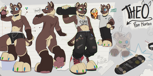 4_fingers anthro bottomwear claws clothed clothing collar collar_tag crop_top denim denim_bottomwear denim_clothing fingers food heterochromia holding_food holding_object holding_pizza jeans male navel nipples pants pizza rear_view shirt skateboard solo tail text toe_claws topwear underwear underwear_only vehicle ankorthewolf theo_(ankorthehyena) gulonine mammal marten mustelid musteline pine_marten absurd_res hi_res model_sheet signature