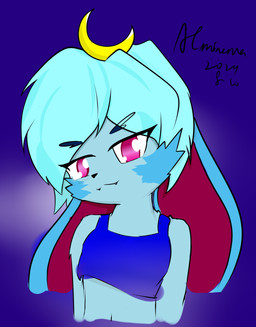 anthro bangs blue_body bottomless clothed clothing crop_top female female_anthro front_view hair long_ears looking_at_viewer moon pink_eyes pose shirt shirt_only short_hair solo text topwear topwear_only young acminerva mario_bros nintendo milyreon_minerva_(acminerva) lagomorph leporid mammal rabbit 2024 bust_portrait dated digital_drawing_(artwork) digital_media_(artwork) flat_colors handwritten_text hi_res icon portrait signature