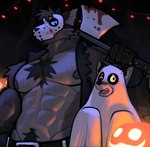 abs anthro axe bedsheet_ghost bottomwear clothed clothing costume duo fur grey_body grey_fur hair holidays jacket male mask muscular muscular_male nipples open_clothing open_jacket open_topwear pants pecs pubes topwear white_body white_fur rygel_spkb halloween canid canine canis domestic_dog mammal wolf hi_res