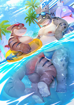 anthro bulge clothed clothing countershading duo erection eyewear feet goggles looking_at_viewer male male/male moobs mottled mottled_body mottled_skin nipples overweight overweight_anthro overweight_male palm_tree partially_submerged plant pool_float sky striped_body stripes swimming_goggles swimming_trunks swimwear topless tree underwater underwater_view water waterline_view pawsve background_character aquatic domestic_pig fish mammal shark suid suine sus_(pig) hi_res