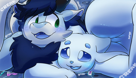 ambiguous_gender anthro big_tail blue_body blue_eyebrows blue_fur blue_hair blue_inner_ear_fluff blue_mouth blue_ruff blush body_size_growth cramped duo eyebrows fur green_eyes growth hair huge_tail hyper hyper_tail inner_ear_fluff macro potion_bottle room_filling size_transformation tail text transformation tuft white_body lilproto microsoft mythology ori_(series) xbox_game_studios jettrax proto_(lilproto) dragon furred_dragon furred_scalie guardian_spirit mythological_creature mythological_scalie scalie english_text hi_res signature