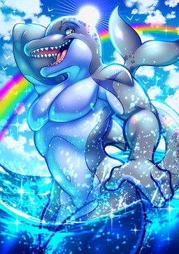 anthro anthrofied athletic athletic_anthro athletic_male casual_nudity cloud day eyebrows featureless_crotch fin frutiger_aero glistening glistening_body grey_body hand_behind_head happy humanoid_hands light male navel nude open_mouth open_smile outie_navel outside partially_submerged rainbow raised_arm sea sharp_teeth sky smile solo sparkles splash standing sun sunlight tail tail_fin teeth tongue underbelly water yellow_eyes muttasaur aquatic cetacean dolphin mammal toothed_whale hi_res shaded