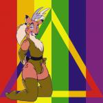 anthro antlers bulge clothing horn legwear lgbt_pride licking licking_lips licking_own_lips looking_at_viewer male pride_color_background pride_colors rainbow rainbow_background rainbow_pride_colors rainbow_symbol rainbow_triangle self_lick simple_background six-stripe_rainbow_pride_colors solo thigh_highs tongue tongue_out wide_hips vawlkee deer mammal 1:1 digital_media_(artwork)