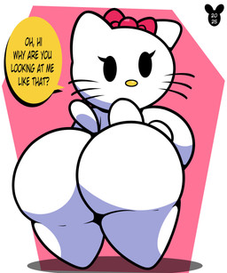 anthro big_breasts big_butt biped black_eyes black_text bow_ribbon breasts butt dialogue eyelashes female huge_butt looking_at_viewer question question_mark rear_view solo speech_bubble standing tail talking_to_viewer text whiskers white_breasts white_butt yellow_nose luanctoons hello_kitty_(series) sanrio hello_kitty_(character) domestic_cat felid feline felis mammal 2025 absurd_res digital_media_(artwork) english_text hi_res