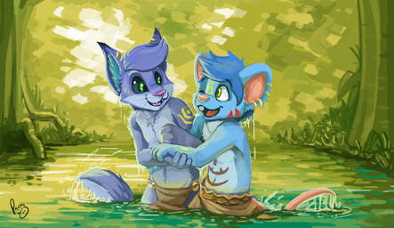 anthro blue_body blue_fur blue_hair clothed clothing duo ear_piercing ear_ring fur glistening glistening_eyes green_eyes grey_body grey_fur hair happy logo male male_anthro markings one_eye_closed open_mouth open_smile outside partially_submerged piercing pink_tail plant red_markings ring_piercing short_hair smile standing tail topless tree water wet wet_body wet_fur yellow_markings pandapaco chopper_atbong felid mammal mouse murid murine rodent absurd_res artist_logo hi_res signature