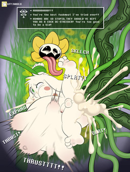 3_toes abdominal_bulge anal anal_penetration anthro balls bodily_fluids cum cum_inflation cum_inside dialogue duo feet flower forced genital_fluids genitals humanoid_genitalia humanoid_penis inflation male male_penetrated open_mouth penetration penis plant profanity rape restrained selfcest sex shota spread_legs spreading square_crossover text toes vines warts young kiffy_(artist) undertale undertale_(series) asriel_dreemurr flowey_the_flower boss_monster_(undertale) bovid caprine elemental_creature flora_fauna flower_creature goat mammal absurd_res digital_media_(artwork) english_text hi_res