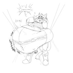 ambiguous_gender anthro belly belly_expansion big_belly bodily_fluids boots close_to_bursting clothing countdown dialogue expansion footwear huge_belly looking_pleasured machine rumbling_stomach shoes slosh sloshing_belly solo standing sweat tail text warning grindaviking android felid mammal robot 1:1 2022 english_text hi_res monochrome