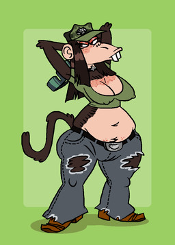 anthro belly belly_overhang belt big_breasts boots bottomwear breasts brown_body brown_eyes brown_fur brown_hair buckteeth choker cleavage clothed clothing crop_top crotch_tuft denim denim_bottomwear denim_clothing eyewear female footwear freckled_chest freckled_face freckles fur green_background hair hat headgear headwear holding_eyewear holding_object holding_sunglasses jeans jewelry long_hair looking_away midriff muffin_top navel necklace nipple_outline pants pear-shaped_figure shirt shoes simple_background slightly_chubby solo standing sunglasses tail teeth texas thick_thighs topwear torn_bottomwear torn_clothing torn_jeans torn_pants tuft wide_hips ducdevinny aarin_(redustheriotact) haplorhine mammal monkey primate 2025
