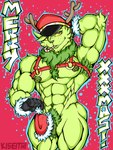 abs anthro antlers balls biceps big_nipples candy candy_cane christmas_clothing christmas_headwear clothing dessert food fur genitals gloves green_body green_fur hairy handwear harness hat headgear headwear holidays horn male muscular muscular_anthro muscular_male navel nipples nude pubes red_eyes santa_hat smile solo triceps yellow_sclera kiseitai christmas how_the_grinch_stole_christmas! grinch mammal unknown_species absurd_res colored hi_res