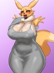 anthro big_breasts blush breasts clothed clothing female fur huge_breasts looking_at_viewer open_mouth solo tongue tongue_out yellow_body yellow_fur furdle bandai_namco digimon canid digimon_(species) mammal renamon 2024 absurd_res hi_res