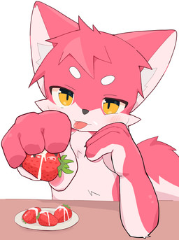 anthro blush countershading food fruit fur furniture kemono lidded_eyes looking_at_viewer male offering_food pink_body pink_fur plant reaching_towards_viewer simple_background sitting solo strawberry table tongue tongue_out white_background yellow_eyes young young_anthro young_male mfmfcha mammal 2026 absurd_res hi_res japanese_description