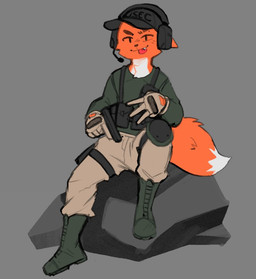 anthro boots bottomwear clothed clothed_anthro clothed_male clothing countershading cute_fangs dipstick_tail electronics eyebrow_slit eyebrows fangs fingers footwear front_view fur gloves green_boots green_clothing green_footwear green_shirt green_topwear grey_background gun handgun handwear hat headgear headphones headset_microphone headwear holding_gun holding_handgun holding_object holding_pistol holding_ranged_weapon holding_weapon khaki_pants knee_pads looking_at_viewer male male_anthro markings orange_body orange_fur orange_tail pants pistol pouch_(clothing) ranged_weapon shirt shoes simple_background sitting snaggle_tooth solo tail tail_markings teeth tongue tongue_out topwear weapon white_body white_countershading white_tail_tip derpyfox_36 derpyfox_36_(fursona) canid canine fox mammal 2023 full-length_portrait portrait