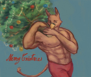 anthro beak bottomwear christmas_decorations christmas_lights christmas_tree clothed clothing ears_up holding_object holding_tree holidays looking_at_viewer male male_anthro muscular muscular_anthro muscular_male nipples pants plant solo tail topless topless_anthro topless_male tree reynard_goodfellow christmas mythology avian gryphon mythological_avian mythological_creature