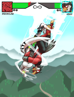 anthro corkscrew duo fighting_game gameplay_mechanics gui health_bar izuna_drop male male/male mask sports_mask sportswear wearing_mask wrestling wrestling_clothing wrestling_mask wrestling_outfit 60percentscalie avian bird dinosaur dromaeosaurid prehistoric_species reptile saurischian scalie theropod hi_res