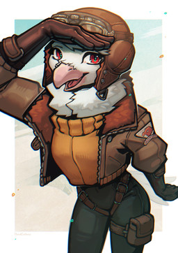 anthro aviator_cap aviator_goggles beak bottomwear breasts clothed clothed_anthro clothed_female clothing eyewear eyewear_on_head feathers female fully_clothed fully_clothed_anthro fully_clothed_female goggles goggles_on_head high-angle_view jacket non-mammal_breasts open_mouth pants red_eyes smile solo sweater topwear turtleneck white_body white_feathers cerbera avian bird 2025 absurd_res hi_res