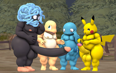 anthro balls big_balls big_penis big_penis_envy bodily_fluids casual_nudity distraught erection exhibitionism genital_fluids genitals group hand_on_belly hand_on_cheek huge_balls huge_penis humanoid_genitalia humanoid_penis hyper hyper_balls hyper_genitalia hyper_penis long_penis male male/male nipples non-mammal_nipples outdoor_nudity outside penis precum public public_nudity shortstack shortstack_male surprised logdoesrenders kabalmystic_(modeler) nintendo pokemon charmander generation_1_pokemon humanoid lizard mammal pikachu pokemon_(species) reptile rodent scalie squirtle tangela 3d_(artwork) absurd_res digital_media_(artwork) hi_res source_filmmaker_(artwork)