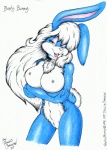 anthro big_breasts biped blue_body blue_fur breasts female fur genitals hair long_hair looking_at_viewer nipples nude pose pussy simple_background smile solo standing vintage white_background anonipony busty_bunny lagomorph leporid mammal rabbit 1997