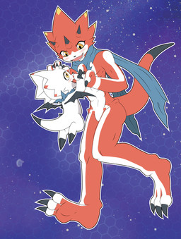 anthro blush claws duo hand_holding horn kerchief male male/male neckerchief neckwear red_body scarf size_difference smile white_body yellow_eyes young tmdduq6918 bandai_namco digimon betelgammamon digimon_(species) gammamon scalie hi_res brother_(lore) brothers_(lore) sibling_(lore)