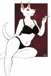 albino anthro breasts cigarette clothing ear_piercing female fur lingerie navel piercing red_eyes scar simple_background smile smoking solo tattoo underwear white_body white_fur coffeestain nuit_(anapnea) canid canine canis jackal mammal 2016 2:3 hi_res