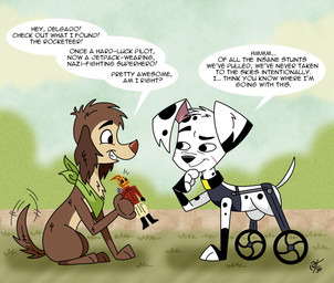 2_missing_limbs action_figure aged_up amputee black_collar black_spots brown_body brown_ears brown_fur brown_nose collar digitigrade disability duo ear_tuft feet feral fur green_kerchief green_neckerchief kerchief leg_markings male markings missing_all_legs missing_leg missing_limb multicolored_body multicolored_fur neckerchief neckwear notched_ear socks_(marking) speech_bubble spots tan_body tan_fur text toeless_(marking) toony tuft two_tone_body two_tone_fur vehicle wheelchair white_body white_fur unclescooter 101_dalmatian_street 101_dalmatians disney the_rocketeer delgado_(101_dalmatians) fan_character marsden_(zoidokl) the_rocketeer_(character) canid canine canis dalmatian domestic_dog mammal mixed_breed english_text