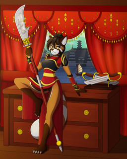 accessory anthro armor asian asian_clothing boat brown_hair claws clothed clothing clothing_aside clothing_lift curtains curtains_open dagger detailed_background dresser east_asian_architecture feet female fingers fur furniture genitals guandao hair hair_accessory hairpin harbor inside leaning leaning_backward leaning_on_object looking_at_viewer melee_weapon open_bottomwear open_clothing orange_eyes partially_clothed polearm red_body red_fur sea seductive smile solo toe_claws upskirt vehicle vulva water watercraft weapon white_body white_fur window remarkably_average asian_mythology mythology mei_(pommel) ailurid mammal red_panda 4:5 digital_media_(artwork) hi_res
