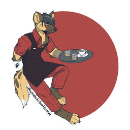 alcohol anthro barefoot beverage black_hair coffee coffee_mug container cup ears_up feet hair male orange_eyes solo tail waiter waiter_suit waiter_tray mawkvlt 1:1 hi_res