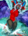 anthro black_body black_fur blue_body blue_eyes blue_skin breasts chest_tuft detailed_background featureless_breasts female fur grey_body grey_fur hair long_hair looking_at_viewer membrane_(anatomy) membranous_wings multicolored_body multicolored_fur pose purple_wings red_body red_fur smile solo tuft water wings temrin mythology temrin_(character) temrin_sanjem canid canine canis dragon ethiopian_wolf felid feline fox hybrid mammal mythological_creature mythological_scalie scalie serval wolf digital_media_(artwork) pinup