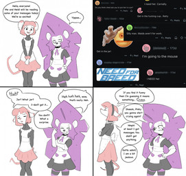 accessory alternative_fashion anthro bangs big_hair bottomwear breasts clothed clothing collar comments confusion crossed_arms dialogue duo ears_down female fur greeting hair hair_accessory hairband innuendo legwear looking_at_viewer maid_apron maid_uniform pattern_clothing pattern_legwear pattern_thigh_highs pink_hair pivoted_ears profanity purple_hair rat_tail rolled_up_sleeves screencap simple_background skirt smile speech_bubble stockings striped_clothing striped_legwear striped_thigh_highs stripes tail teeth text thigh_highs uniform white_body white_fur mardymuntjak losercity reddit heidi_(mardymuntjak) renfri_(mardymuntjak) eulipotyphlan hedgehog mammal murid murine rat rodent 2025 comic digital_media_(artwork) english_text hi_res reaction_image