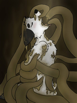 animal_genitalia animal_penis anthro black_ears canine_genitalia canine_penis eyes_closed feces feces_everywhere feces_in_mouth feces_on_body feces_on_penis forced fur genitals hands_behind_back male open_mouth penis side_view solo tentacles white_body white_fur boundtobemessy arctic_fox canid canine fox mammal true_fox 3:4 hi_res