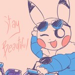 ambiguous_gender anthro black_eyes cheek_spots clothed clothing eyelashes eyewear jacket motorcycle one_eye_closed open_mouth open_smile pupils red_cheeks simple_background smile solo sunglasses text topwear vehicle white_pupils flavia-elric nintendo pokemon flavia_(flavia-elric) generation_1_pokemon pikachu pokemon_(species) 1:1 2021 digital_media_(artwork) english_text hi_res