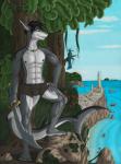 abs anthro athletic beach biceps biped black_hair bulge claws clothed clothing cloud ear_piercing fantasy forest green_eyes hair jewelry jungle male medieval melee_weapon muscular muscular_anthro necklace nipples outside pecs piercing plant pose sand sea seaside ship sky smile solo standing sword teeth tree underwear vehicle warrior water watercraft weapon ace_stryker fish marine shark 2014 absurd_res hi_res