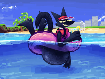 anthro beach belly beverage big_belly black_tail clothing footwear glistening glistening_belly glistening_body high_heels lemonade lifeguard male outside pool_float shoes smug smug_face solo tail vore vore_implied klazo marsh_(zeropaint) ambiguous_species 4:3 hi_res