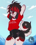 alternative_fashion anthro athletic_wear black_body black_fur black_hair blue_background bottomwear clothing curled_tail emo floppy_ears fur grey_body grey_fur gym_bottomwear gym_shorts hair half-closed_eyes heart_(marking) highlights_(coloring) male markings narrowed_eyes red_highlights red_markings shorts simple_background smile solo tail tight_clothing moucchiato moucchiato_(character) canid canine canis domestic_dog elkhound mammal spitz trans_(lore) trans_man_(lore)