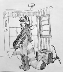 amplifier anthro balls casual_nudity electric_guitar foreskin genitals guitar guitar_stand humanoid_genitalia light_bulb long_tail male musical_instrument nude penis playing_guitar playing_music plucked_string_instrument solo standing string_instrument tail discostang2 lambda_(red_panda) ailurid mammal red_panda monochrome traditional_media_(artwork)