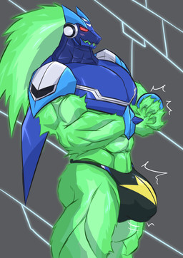 abs anthro armor barazoku biceps big_bulge big_muscles bulge clothing cybernetics detailed_bulge green_body machine male muscular muscular_anthro muscular_male open_mouth red_eyes solo underwear geryorias capcom mega_man_(series) mega_man_star_force omega-xis alien cyborg em_being absurd_res hi_res