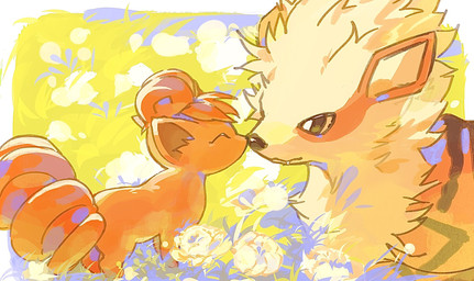 ambiguous_gender duo eyes_closed fangs feral flower fur grass hair markings multi_tail nose_to_nose orange_body orange_fur orange_hair plant size_difference striped_markings stripes tail teeth yellow_body yellow_fur seta629211 nintendo pokemon arcanine canid canine generation_1_pokemon mammal pokemon_(species) vulpix 2026 hi_res