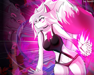 anthro aura bangs bare_shoulders big_breasts big_tail black_choker black_jewelry black_necklace body_fur breasts cherry_blossom cherry_blossom_tree cherry_tree choker clothing facial_markings female fire flower fruit_tree fur groin hair hair_between_eyes head_markings jewelry long_hair markings mouth_closed multicolored_hair navel necklace pink_eyes pink_inner_ear plant prunus_(flower) solo standing swimwear tail tree white_body white_fur white_hair wolf_ears wolf_tail varulll yoki_j_(yj) canid canine fox mammal hi_res portrait three-quarter_portrait