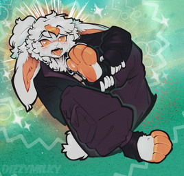 anthro bodily_fluids clothing drooling fur jacket licking_paws looking_at_viewer orange_eyes paws saliva sitting solo topwear white_body white_fur dizzymilky lagomorph leporid mammal rabbit absurd_res digital_media_(artwork) hi_res