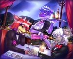 alcohol bell beverage black_tie_(suit) candle city clothed clothing crossdressing dinner ear_piercing evening femboy flower food group maid_uniform male male/male piercing plant ribbons romantic romantic_ambiance romantic_dinner rose_(flower) suit tail uniform waiter wine katsuke mythology tyranos zentrin dragon felid mammal mythological_creature mythological_scalie scalie digital_media_(artwork)