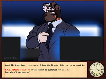 accessory anthro black_necktie bodily_fluids border brown_body brown_border brown_ears brown_face brown_facial_hair brown_fur brown_goatee brown_hair brown_nose business_suit clock clothed clothed_anthro clothed_male clothing collared_shirt computer detailed_background dialogue dialogue_box ear_piercing electronics eyewear facial_hair fully_clothed fully_clothed_anthro fully_clothed_male fur glasses goatee hair highlights_(coloring) inside male male_anthro mouth_closed multicolored_body multicolored_fur multicolored_hair necktie nervous nervous_sweat office orange_body orange_fur piercing pink_hair pink_highlights rectangular_glasses shirt solo suit sweat tan_body tan_fur tan_hands text topwear two_tone_hair wood_border melaisen bau_(melaisen) akita american_akita canid canine canis domestic_dog mammal spitz 2026 4:3 artist_name digital_drawing_(artwork) digital_media_(artwork) english_text half-length_portrait hi_res portrait