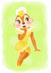 anthro blue_eyes blush cheek_tuft clothed clothing dress eyelashes facial_tuft female footwear fur looking_aside narrowed_eyes open_mouth open_smile red_nose simple_background sitting smile solo tan_body tan_fur tuft yellow_clothing yellow_dress disney_nns chip_'n_dale disney clarice_(disney) chipmunk ground_squirrel mammal rodent sciurid