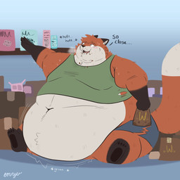 anthro belly belly_overhang big_belly biped blush bodily_fluids breath brown_body brown_fur chubby_cheeks claws clothed clothing dialogue dipstick_tail double_chin eating eating_food exposed_belly fat_arms fur gloves_(marking) holding_bag inside leg_markings male markings moobs morbidly_obese morbidly_obese_anthro morbidly_obese_male motion_lines obese obese_anthro obese_male open_mouth open_smile orange_body orange_fur outgrowing_clothes overweight overweight_anthro overweight_male panting reaching rumbling_stomach sitting smile socks_(marking) solo sweat tail tail_markings tan_body tan_fur tearing_own_clothing text thick_thighs toe_claws torn_clothing wide_hips enyuskii wcdonald's canid canine fox mammal 1:1 english_text hi_res signature