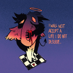 anthro biped black_body black_fur blood blue_background bodily_fluids checkered checkered_floor duo feathered_wings feathers fur gradient_background halo male simple_background standing text white_body white_fur wings soulfullhyena angel canid canine canis demon mammal wolf 1:1 2025 english_text hi_res