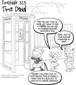 anthro backpack dialogue female fence group male phone_booth plant speech_bubble text tree trio young nauyaco forestdale ace_(doctor_who) izabell_carroll_(forestdale) kyle_kendricks_(forestdale) sora_jeon_(forestdale) avian bird canid canine domestic_cat felid feline felis fox mammal oscine passerine sparrow 2025 comic english_text hi_res url