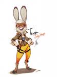 anthro buckteeth clothing cosplay eyewear female footwear fur glasses goggles grey_body grey_fur legwear simple_background socks solo teeth toeless_footwear toeless_socks ganym0 blizzard_entertainment disney overwatch zootopia judy_hopps tracer_(overwatch) lagomorph leporid mammal rabbit