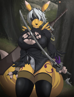 anthro big_breasts blindfold breasts claws cleavage clothed clothing cosplay crossover_cosplay curvy_figure dipstick_ears dipstick_tail ear_markings female fur hair holding_melee_weapon holding_object holding_sword holding_weapon hourglass_figure huge_breasts legwear markings melee_weapon multicolored_ears multicolored_tail patreon_logo solo sword tail tail_markings text weapon website_logo wide_hipped_anthro wide_hipped_female wide_hips xpray bandai_namco digimon nier_automata patreon platinumgames yorha_2b canid canine digimon_(species) mammal renamon 2018 crossover digital_media_(artwork) english_text hi_res url