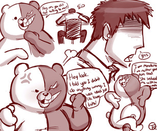 anthro chibi duo male plushie slightly_chubby split_color text trashtoonz danganronpa danganronpa:_trigger_happy_havoc spike_chunsoft jin_kirigiri monokuma bear human mammal english_text hi_res