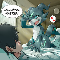 5_fingers anthro bed bed_sheet bedding bedroom black_hair claws clothed clothing day detailed_background dialogue duo eye_contact finger_claws fingers furniture hair heart_symbol inside kneeling larger_human light looking_at_another lying male nude on_back on_bed one_eye_closed open_mouth pink_tongue shortstack shortstack_male size_difference smaller_anthro smile speech_bubble sunlight teeth text tongue window rusho bandai_namco digimon fan_character shoru_(character) digimon_(species) human mammal veemon 1:1 2022 english_text pictographics